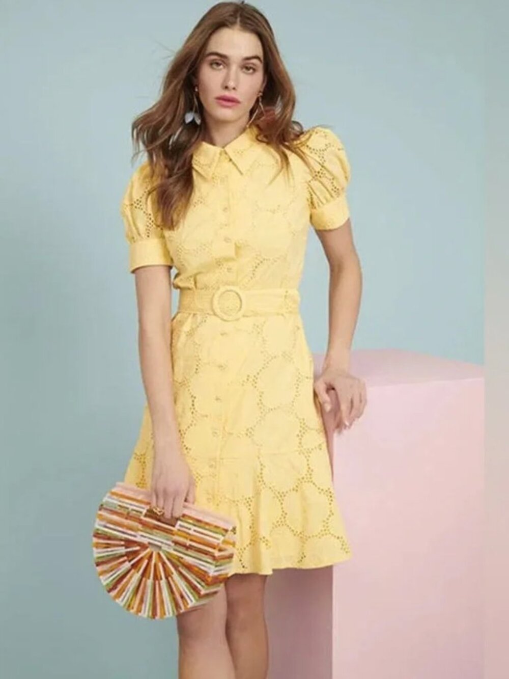 NWT Rachel Parcell Yellow Floral Eyelet Mini Dress Sz S
